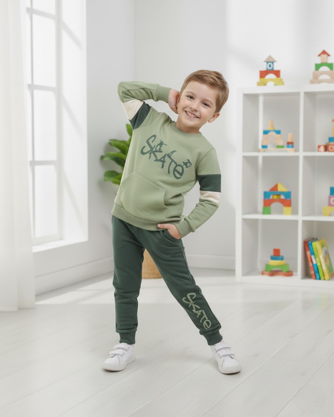 Erkek Çocuk Mevsimlik Skate Baskılı Sweatshirt, 7-10 Yaş Eşofma Takımı R2117 - YEŞİL