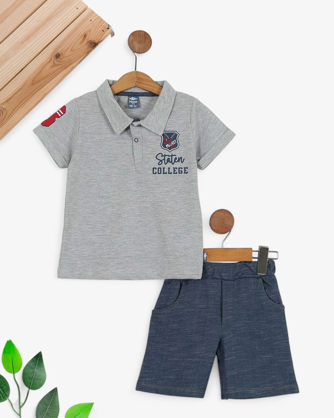 ERKEK ÇOLUK POLO YAKALI NAKIŞLI T-SHIRT VE ŞORTLI 2-3-4-5-6 YAŞ YAZLIK BEBEK TAKIMI R1735 - GRİ