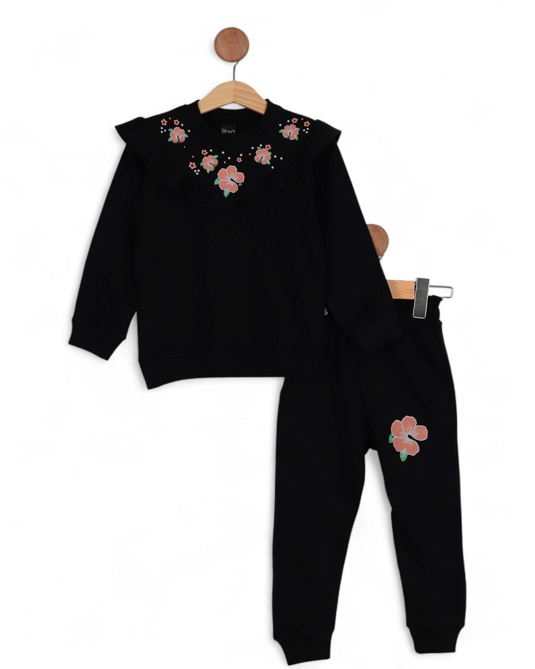 Kız Çocuk Çiçek Baskılı 6-7-8-9-10 Yaş Alt Üst Eşofman Takımı / Eşofman Altlı ve Sweatshirt R2142 - SİYAH