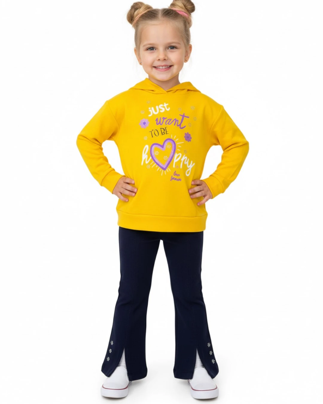 Kız Çocuk İspanyol Paça Taytlı Kapüşonlu Sweatshirtlü Mevsimlik Alt Üst Takım R2325 - SARI