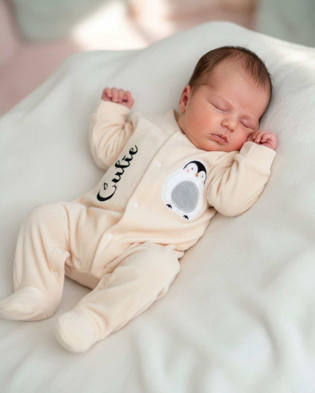 Bebek Kışlık Penguen Desenli %100 Pamuklu 0-1-3-6 Ay Kadife Çıtçıtlı Tulum R2163 - BEJ