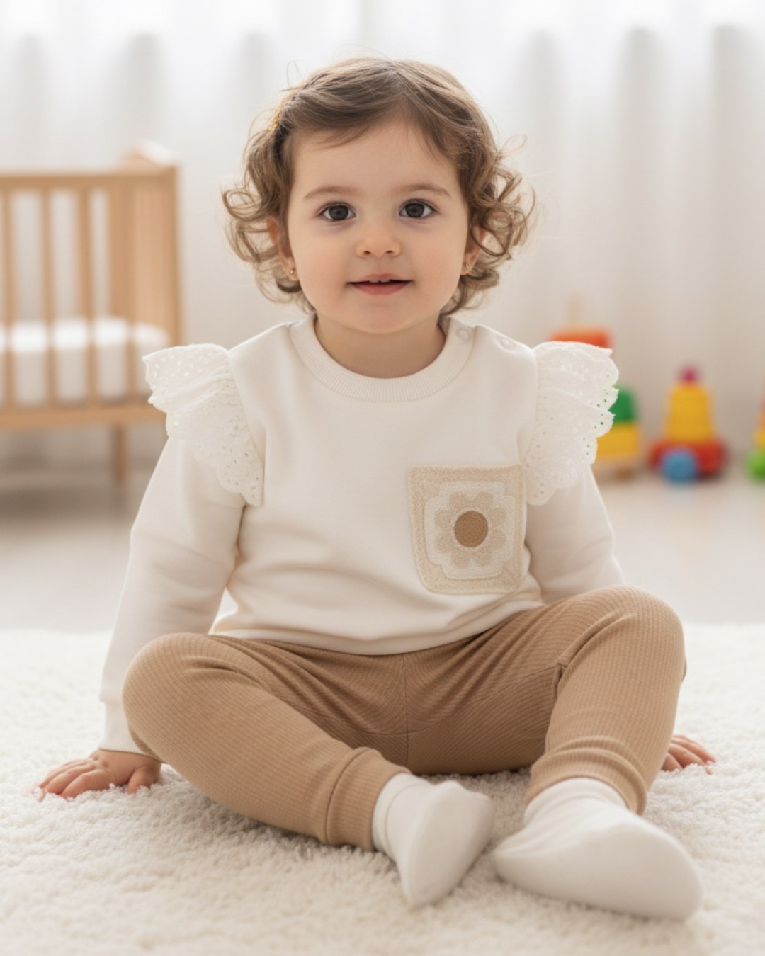 Kız Bebek Çiçekli Cep Detaylı Fitilli Taytlı 6-9-12-18-24 Ay Mevsimlik Kız Takım R2120 - EKRU