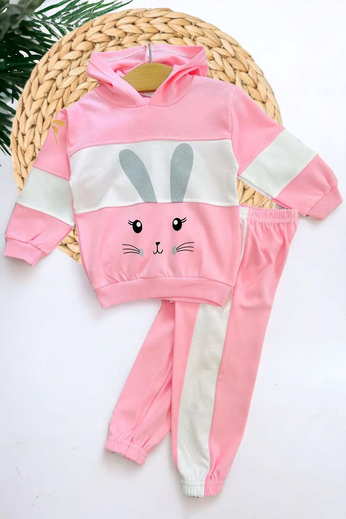Kız Bebek Tavşan Baskılı Sweathirt Takımı / Alt Üst Takım R2223 - PEMBE