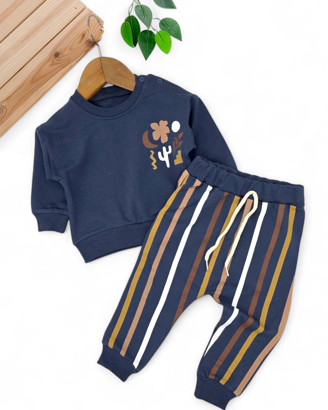 Erkek Bebek Mevsimlil Baskılı Sweatshirt, Çizgili Altlı 6-9-12-18-24 Ay 2'li Alt Üst Takım R2104 - LACİVERT