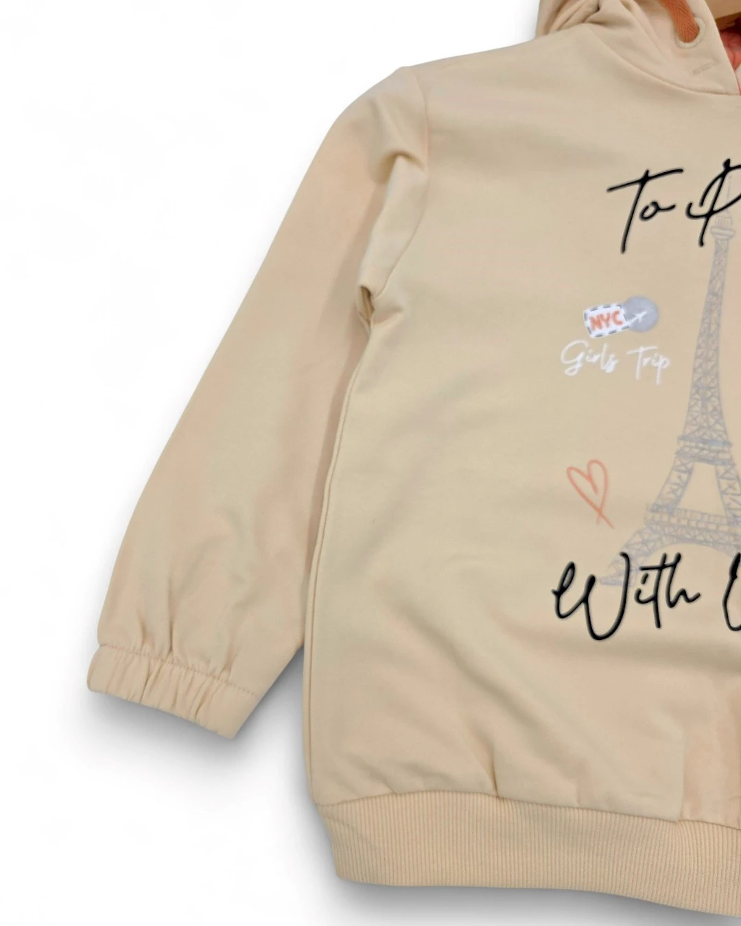 Kız Çocuk 6-7-8-9-10 Yaş Mevsimlik Kapüşonlu Paris Baskılı Alt Üst Eşofan Takım R2328