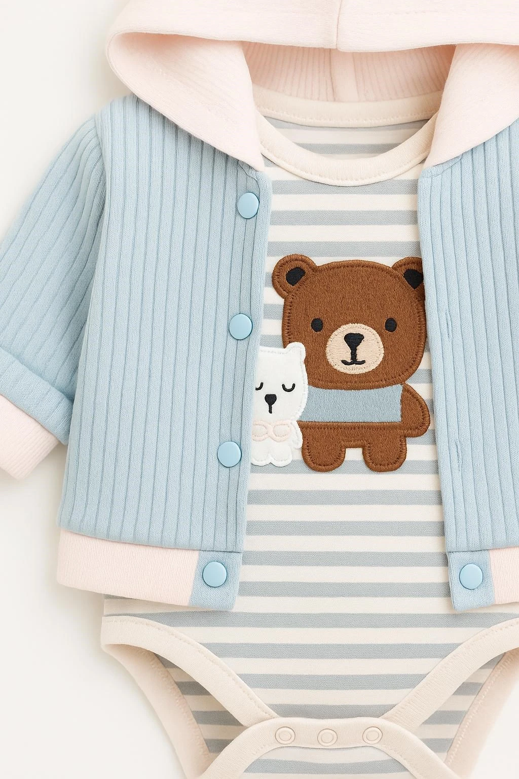 Erkek Bebek Yeni Doğan 0-3-6-9 Ay Çizgili Ayıcık Baskılı Kapüşonlu Uzun Kollu Çıtçıtlı Bodyli 3'lü ŞIK Takım R1888
