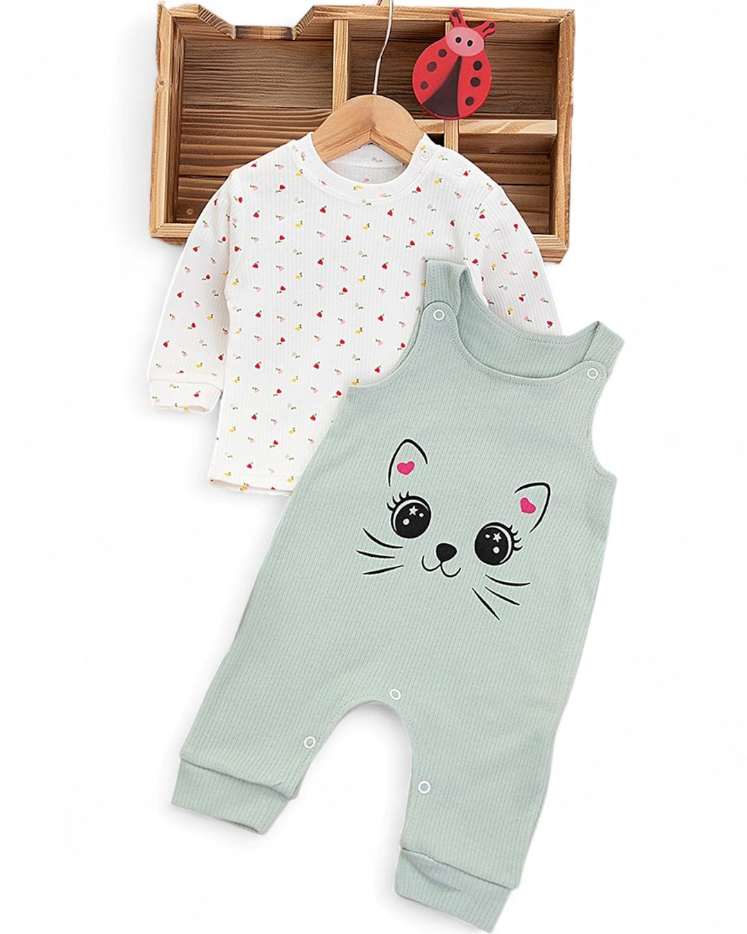 Kız Bebek Fitilli Kedi Baskılı Bahçıvan Salopet Tulum Yenidoğan 3-6-9 Ay Mevsimlik Uzun Kollu Tulum R337 - SU YEŞİLİ