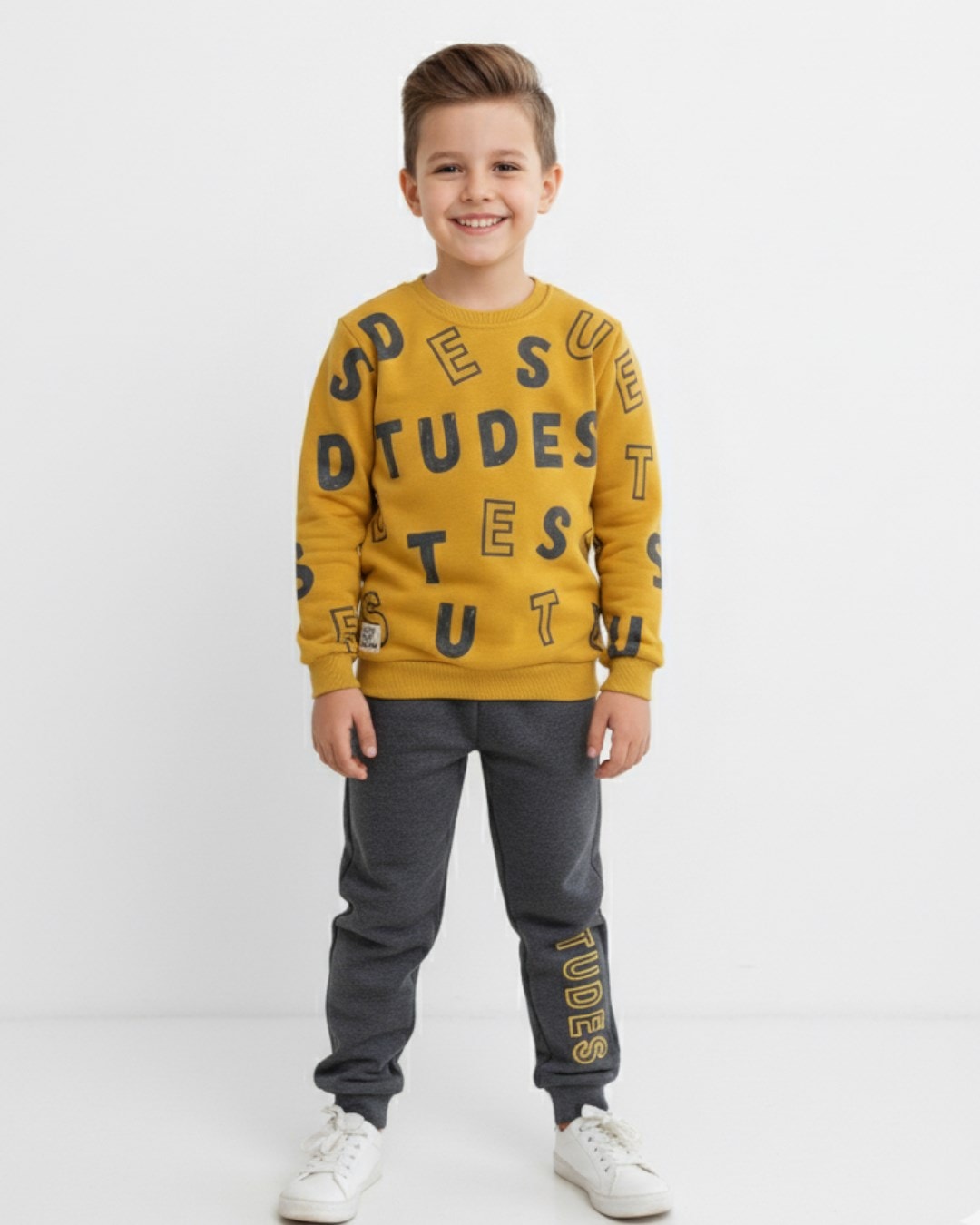 Erkek Çocuk Baskılı 3 İp Şardonlu Kışlık 6-7-8-9-10 Yaş Eşofmn Takımı / Sweatshirt ve Eşofman Altı R2279 - HARDAL