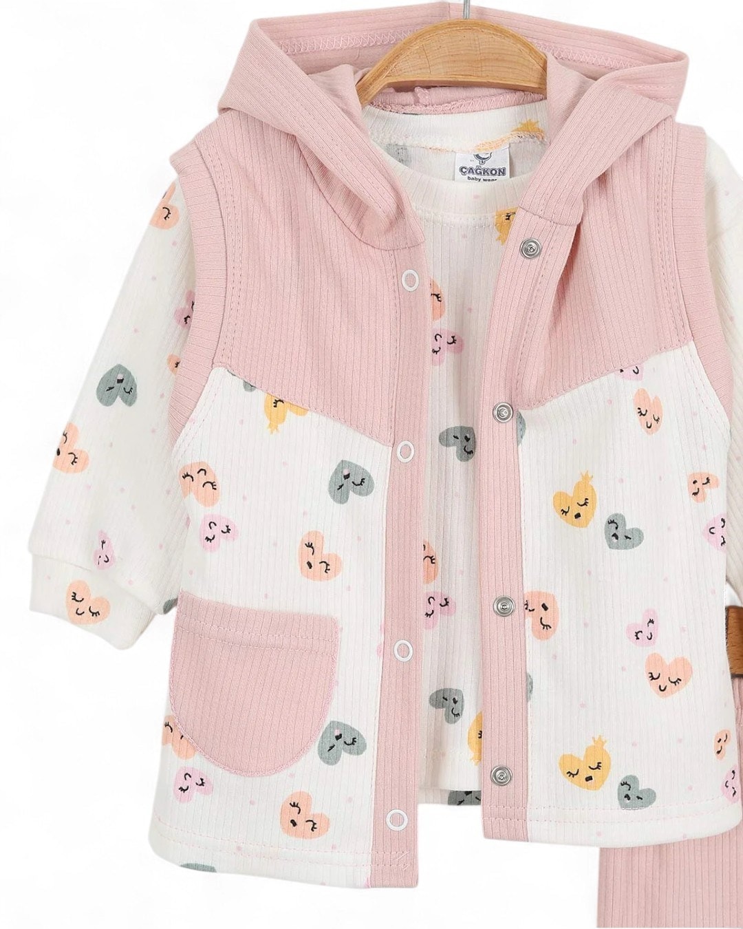 Kız Bebek Fitilli Kalp Baskılı Yelekli 3 Parça Şirin 6-12 Ay Bebek Takımı R2170