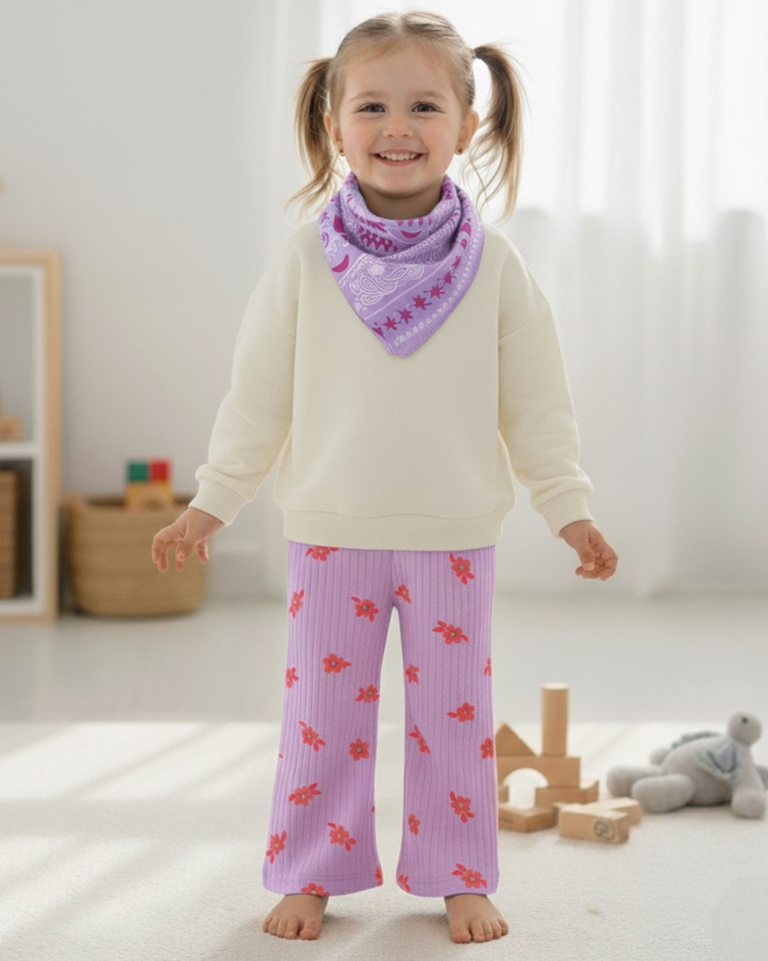 Kız Çocuk Etnik Desen Fularlı, Bol Paça Pantalonlu 3 Parça Şık Mevsimlik Alt Üst Takım R2067 - LİLA