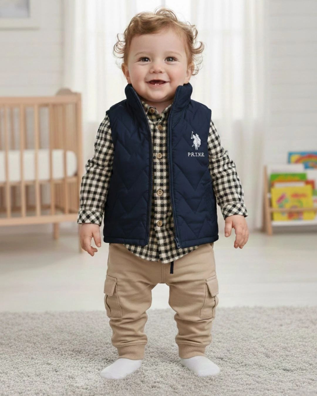 Erkek Bebek Şişme Yelekli, Ekose Gömlekli Bayramlık 3'lü Şık Alt Üst Takım , 6-9-12-18-24 Ay Takım R2405 - LACİVERT