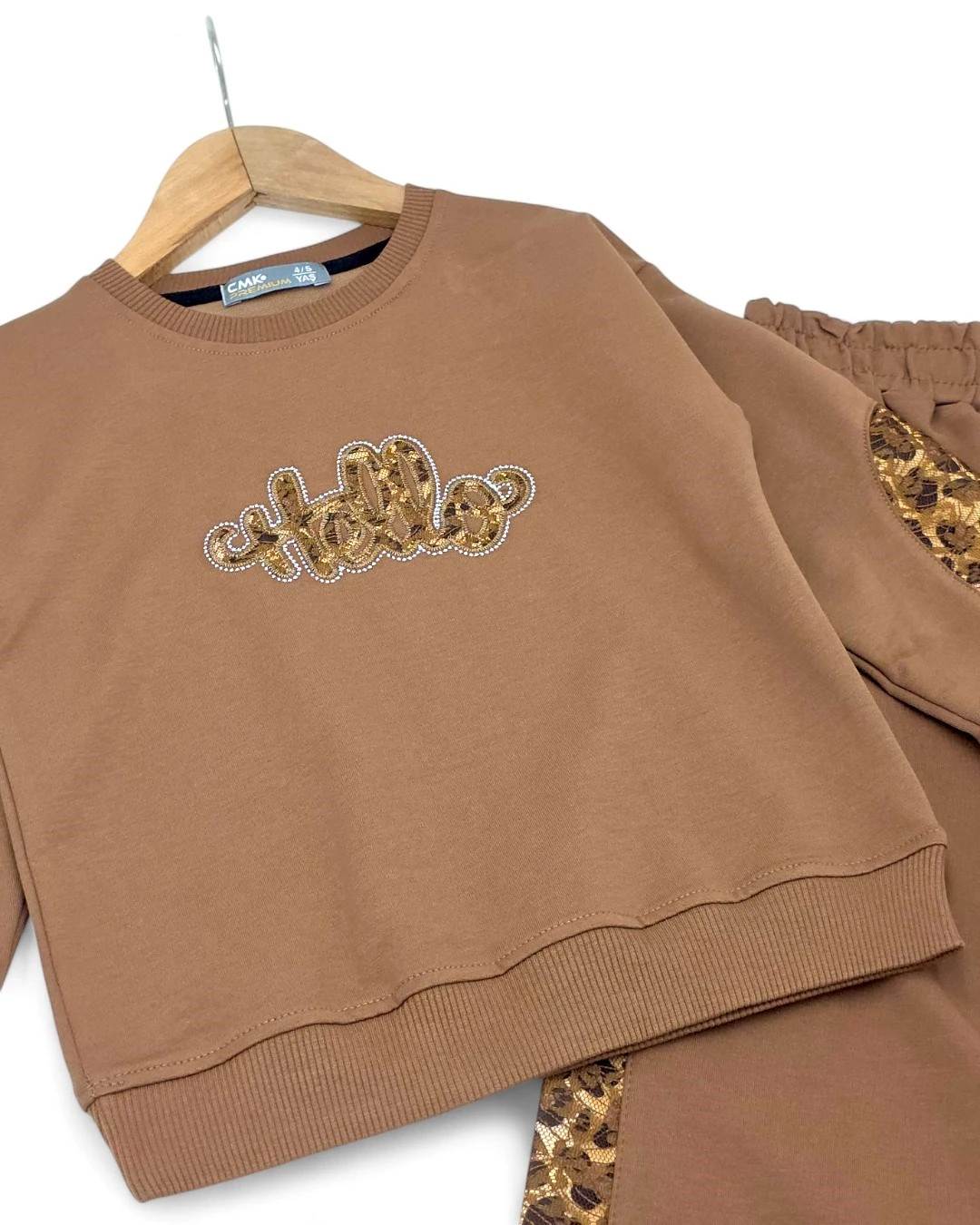 Kız Çocuk Boydan  Leopar Ve Dantel Detaylı 2 İplik Mevsimlik Compact Geniş Paçalı Şık Eşofman Takımı  R2192