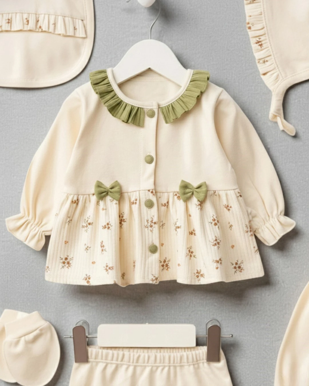 Kız Bebek Çiçek Nakışlı, Krem Renkli Premium 10 Parça Hastane Çıkışı Zıbın Seti HC50