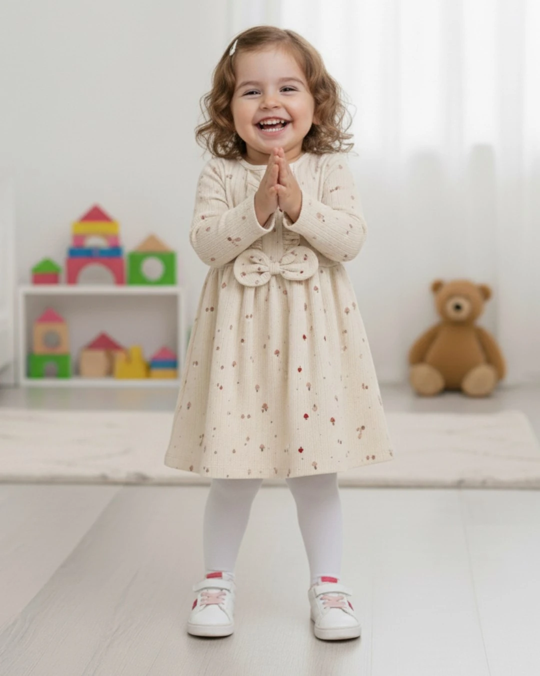 Kız Çocuk Ekru Mantar Desenli Fırfırlı Elbise, Mevsimlik 2-3-4-5-6 Yaş Elbise | Pamuklu & Rahat l R2