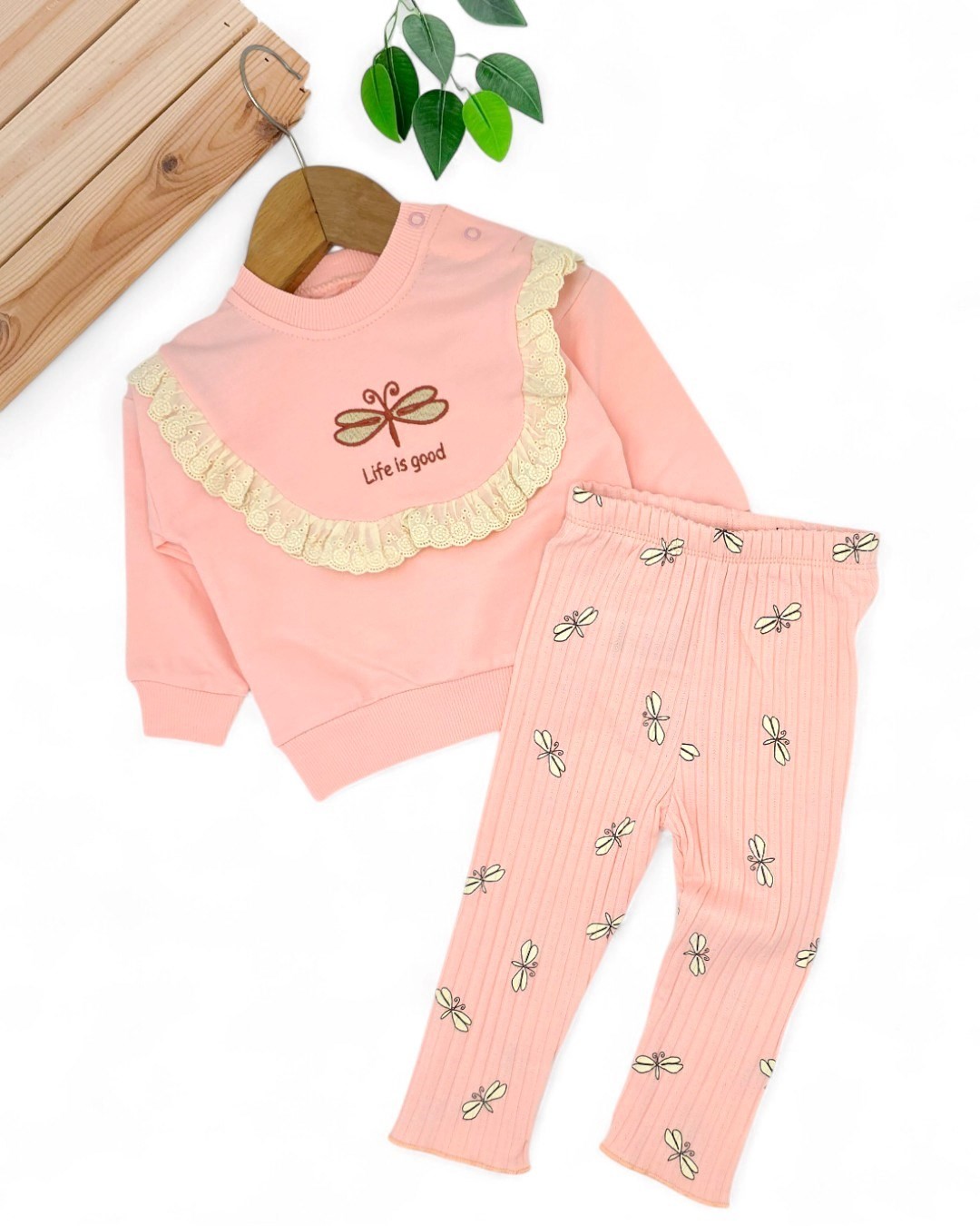 Kız Bebek Kelebek Nakışlı, Fitilli Taytlı, Fırfır Detaylı 6-9-12-18-24 Ay Şık Bebek Takımı R2071 - PUDRA