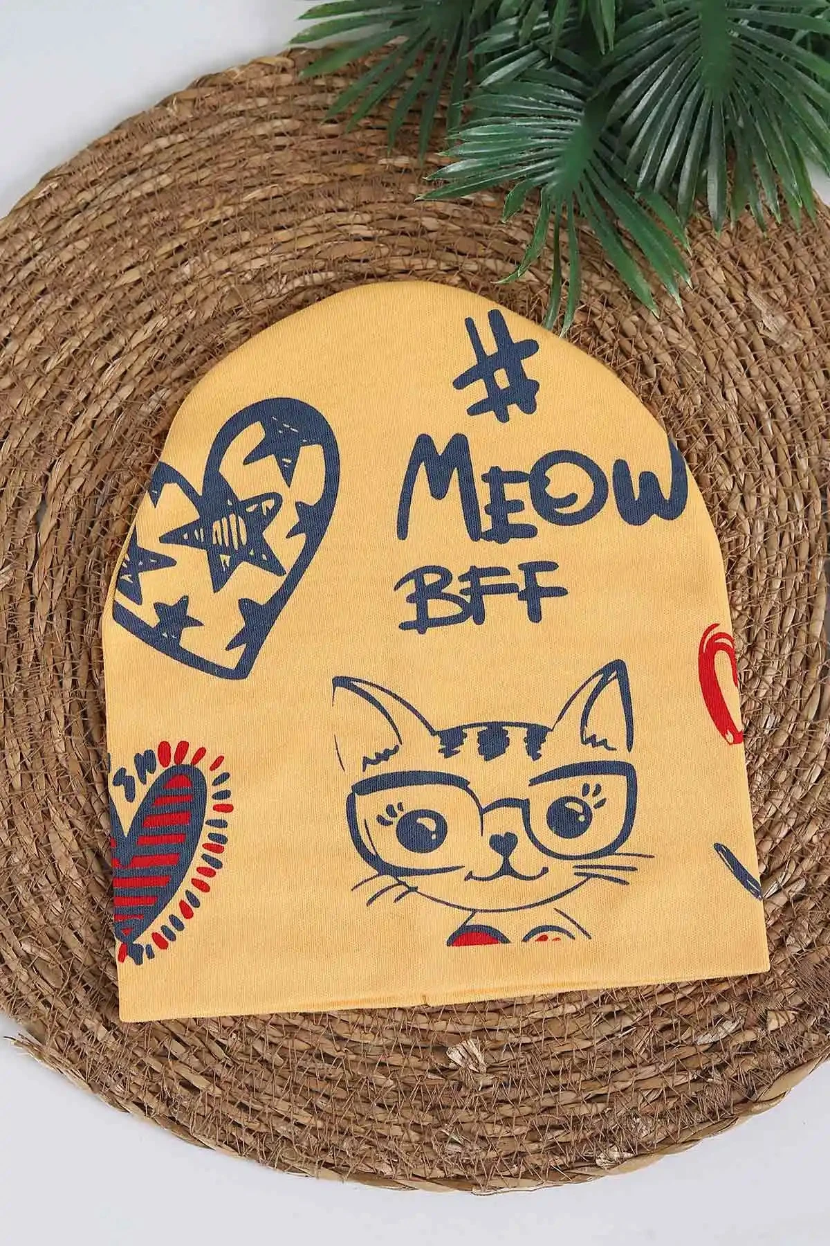 Kedi Baskılı Penye Kumaş Çocuk Beresi 1-3 Yaş BR35 - SARI