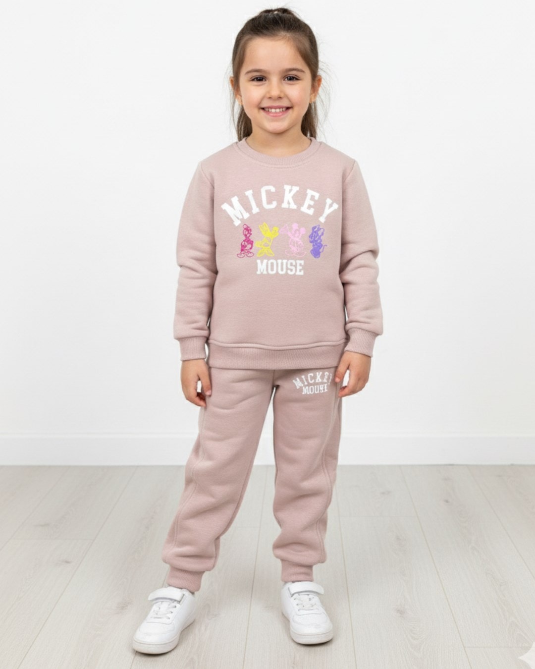 Kız Çocuk Kışlık 3 İp Şardonlu 2-3-4-5-6 Yaş Mickey Baskılı  Alt Üst Eşofman Takımı R2287 - PUDRA
