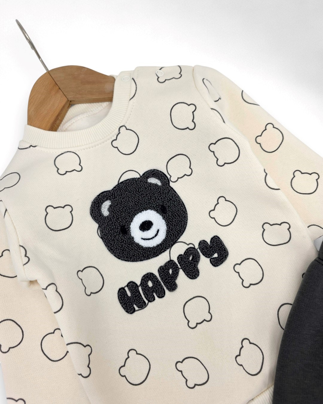 Erkek Bebek Kışlık 3 İp Şardonlu, Ayıcık Nakışlı Baskılı Şık Alt Üst Takım, 6-9-12-18-24 Ay / R2334