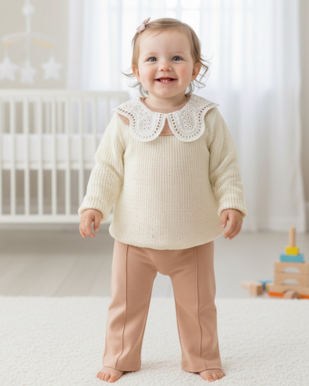 Kız Bebek Dantel Yakalı Mevsimlik 3-6-9-12-18 Aylık Şık Takım R2225 - BEJ