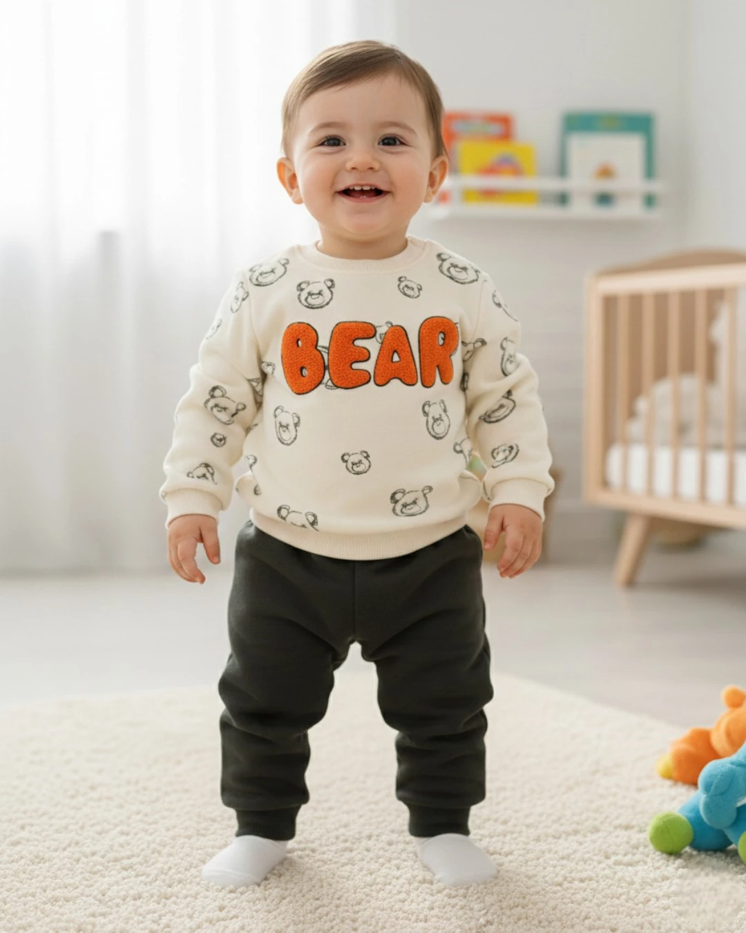 Erkek Bebek Bear Nakışlı Kışlık 3 İp Şardonlu 6-9-12-18-24 Ay Alt Üst Bebek Takımı R2393 - FÜME