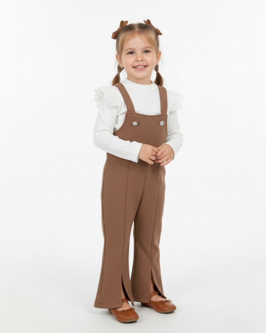 Kız Çocuk Scuba Kumaş Badili Salopet Bahçıvan Tulum 2-3-4-5-6 Yaz Kız Tulum R1486 - KAHVE