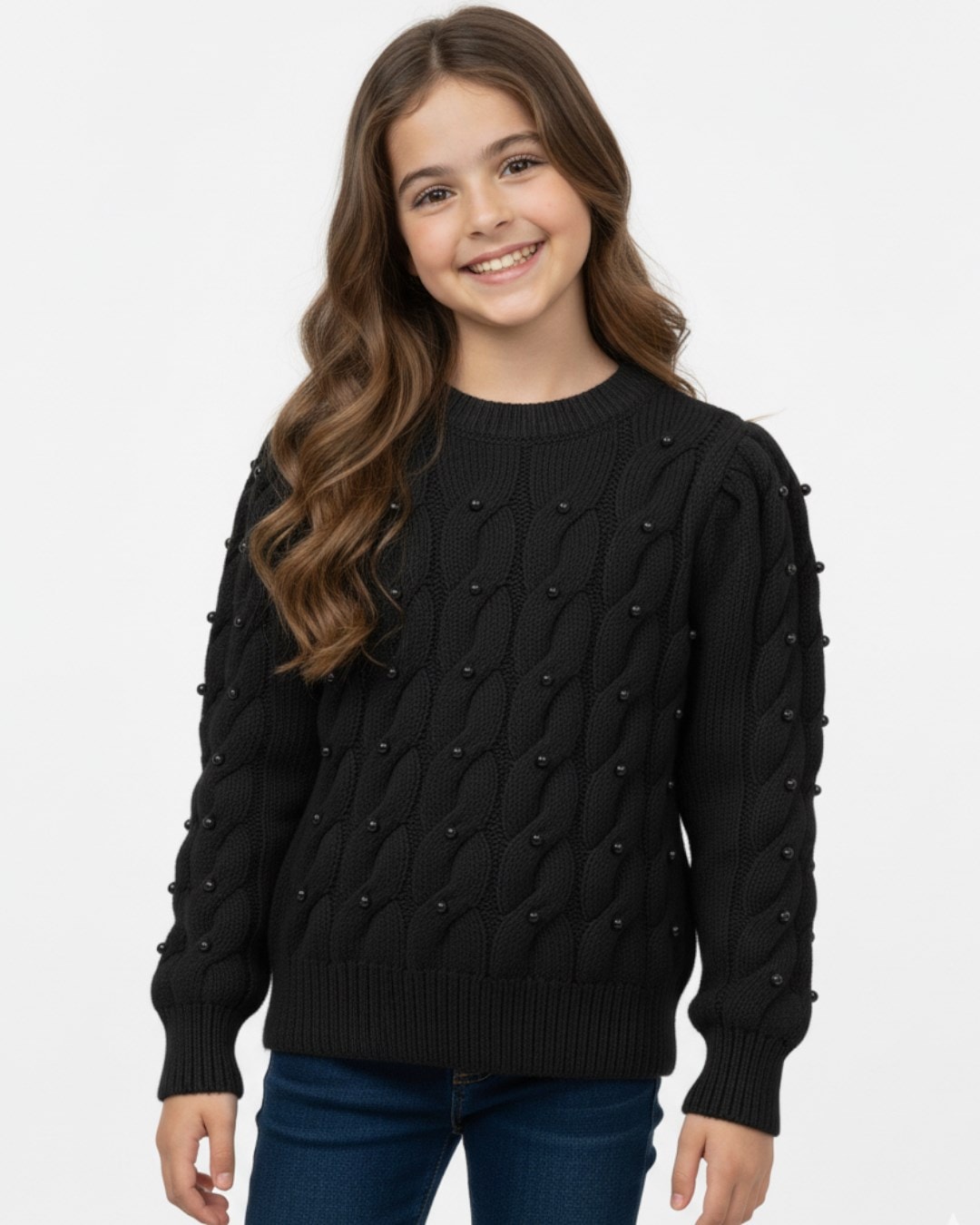 Kız Çocuk İnci İşlemeli Kalın Örme Triko Kazak 10-11-12-13-14-15 Yaş Kışlık Triko Kazak / Balon Kol R2331  - SİYAH