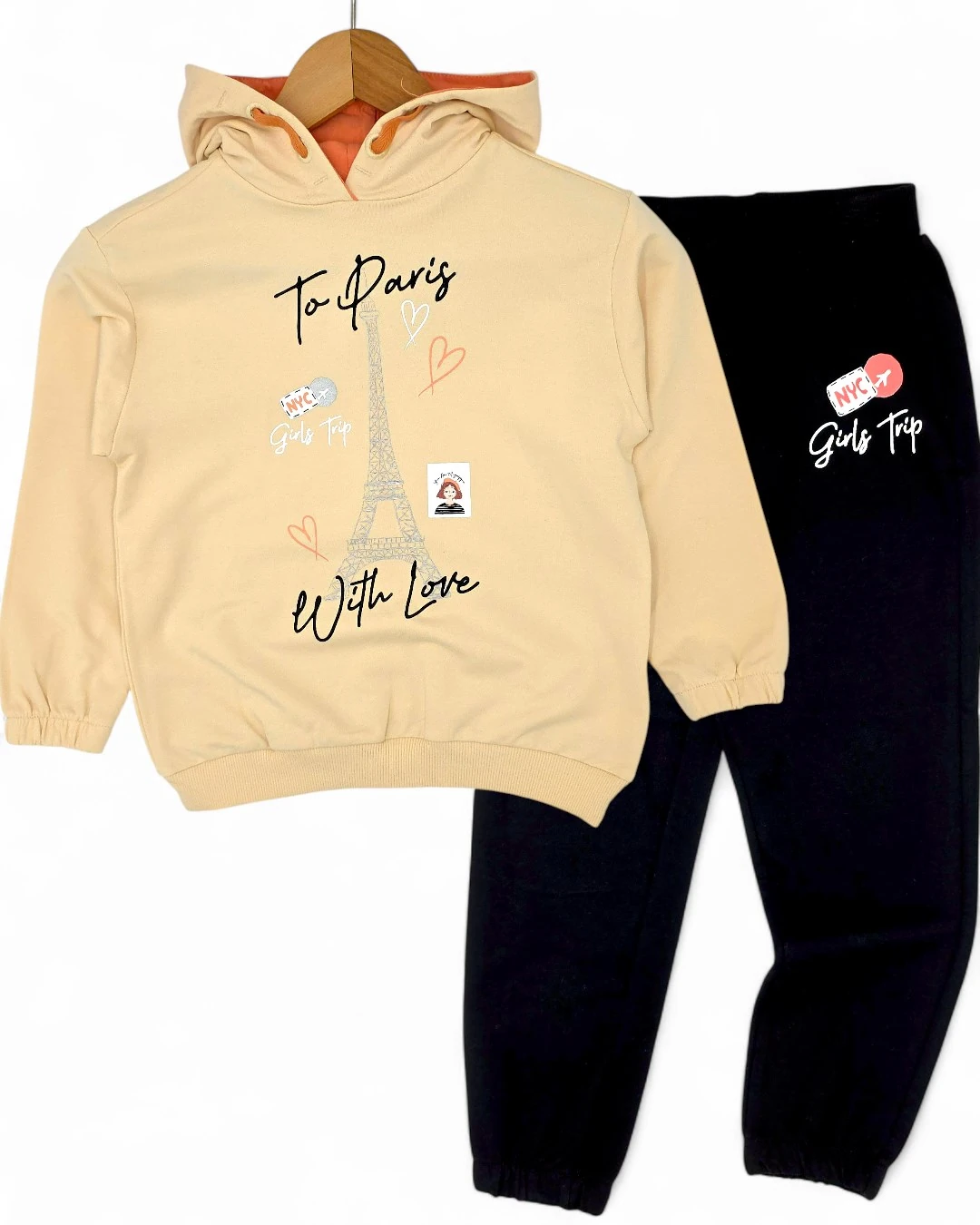 Kız Çocuk 6-7-8-9-10 Yaş Mevsimlik Kapüşonlu Paris Baskılı Alt Üst Eşofan Takım R2328