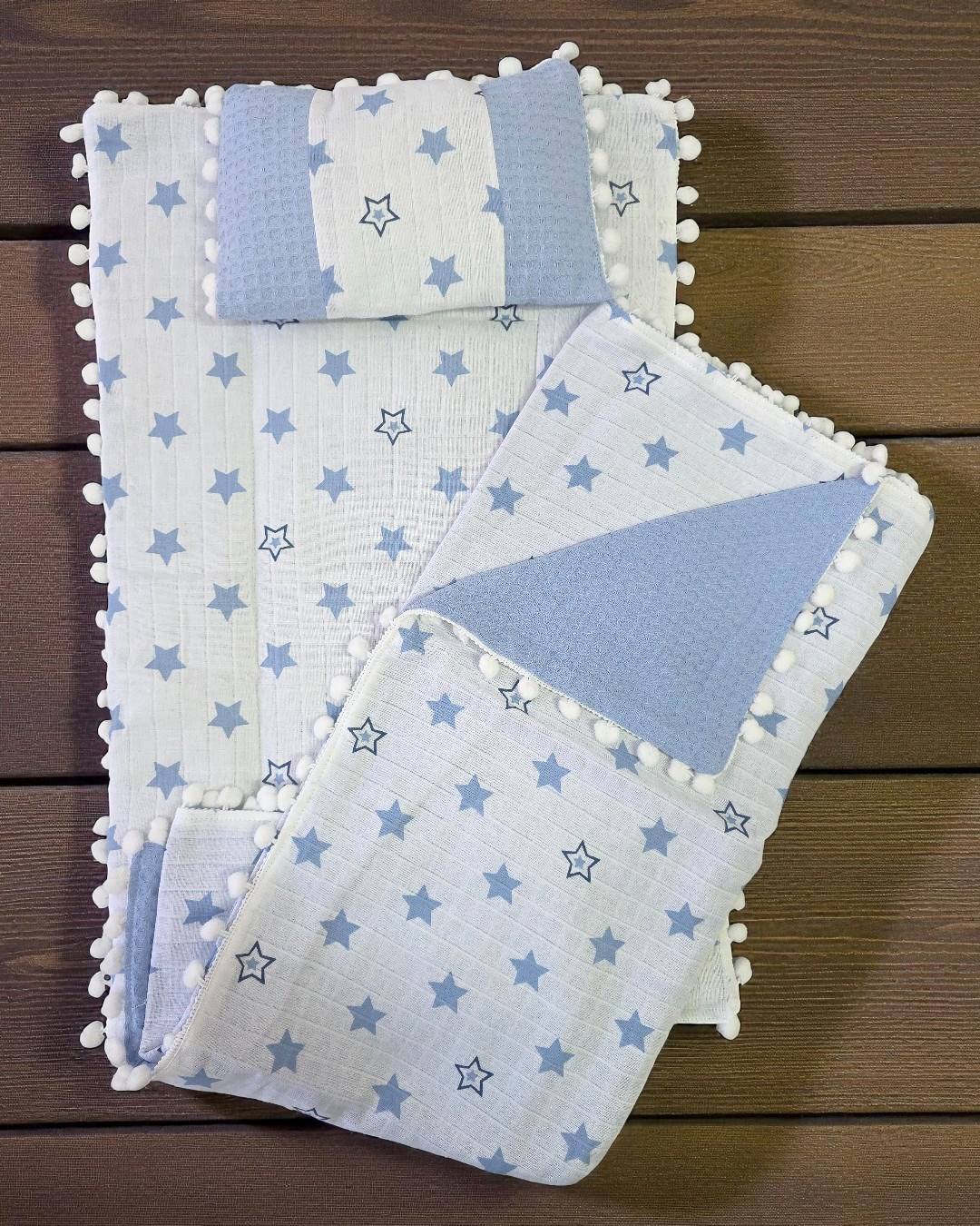 Battaniyeli, Yastıklı 3'lü Alt Açma Minderi Seti, Müslin Desenli Alt Açma R2367 - MODEL 4