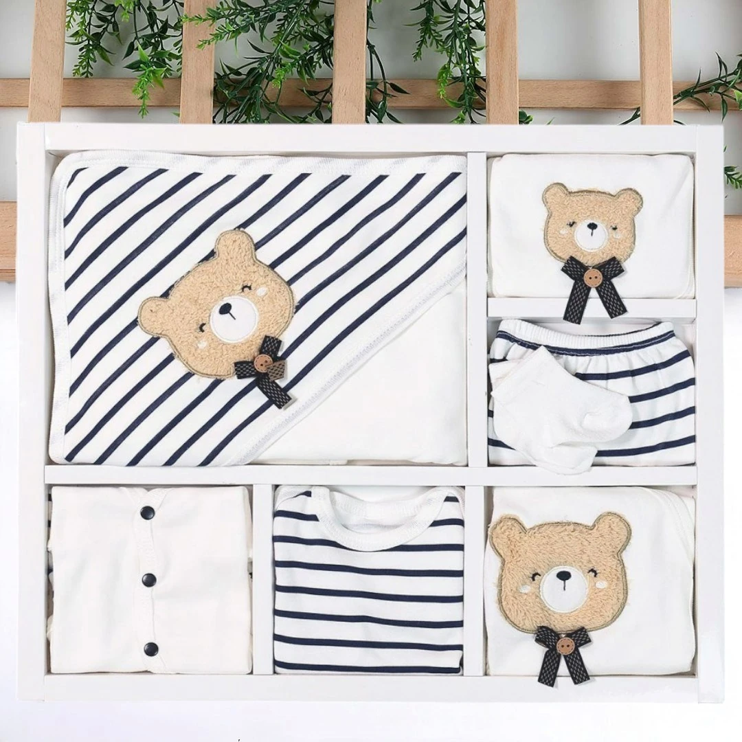 Erkek Bebek Ayı Nakışlı 11 Parça Hastane Çıkışı Zıbın Seti R920 - LACİVERT