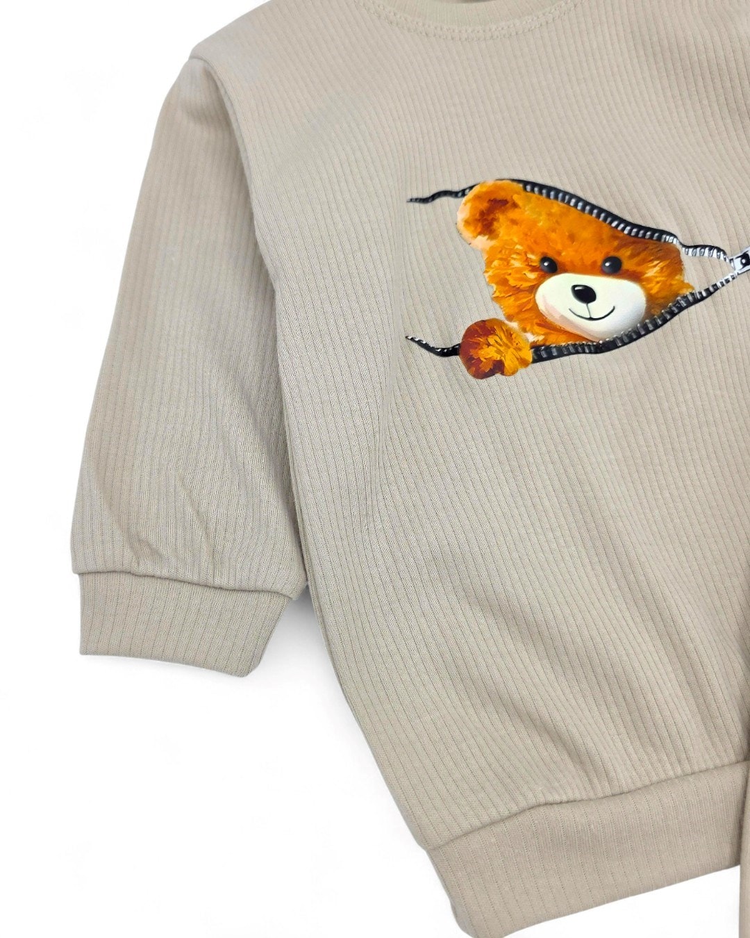 Ayıcıklı Fermuar Desenli Fitilli Pamuklu Erkek Bebek Takımı | Bebek Eşofman Pijama Alt Üst Takım R2208