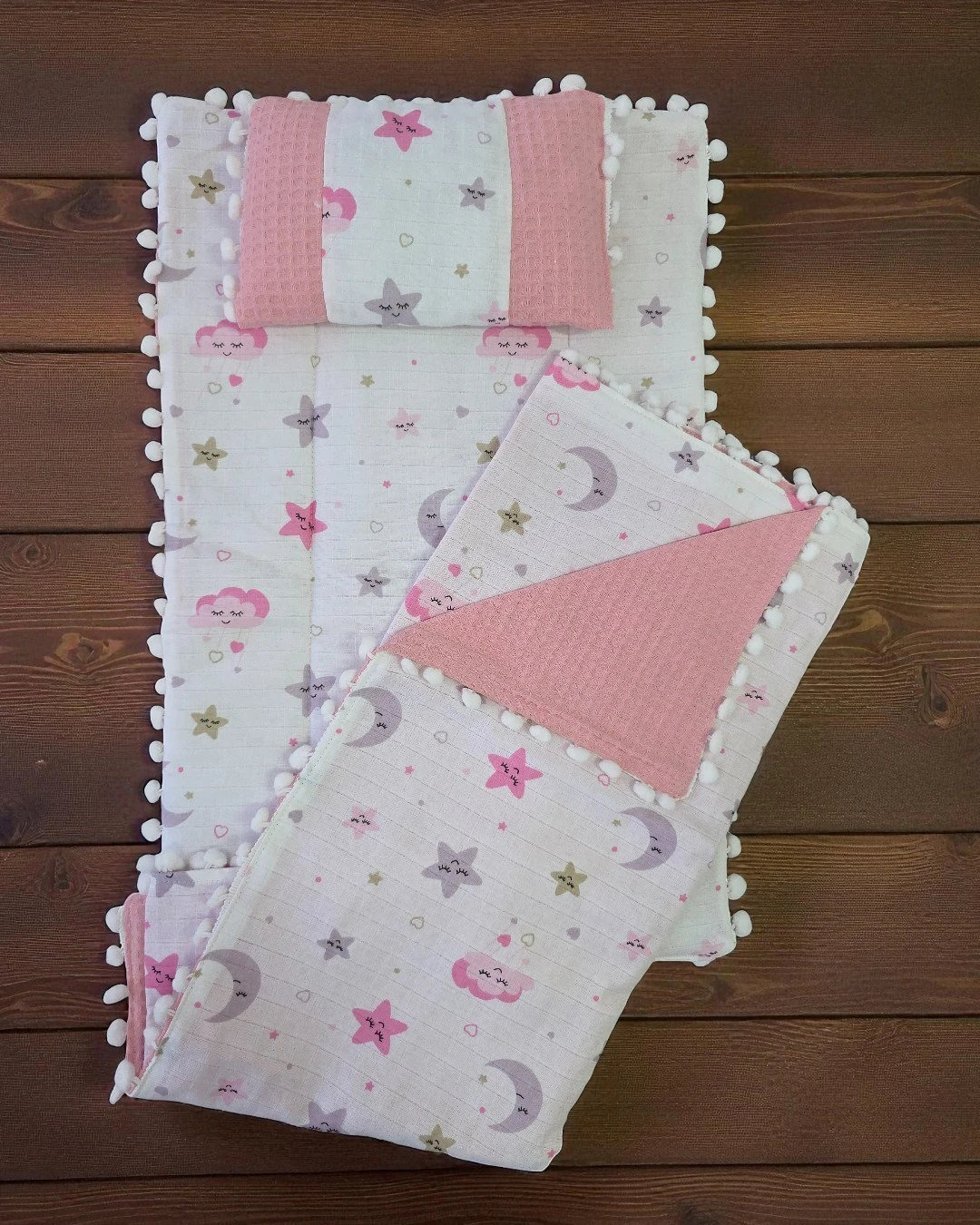 Battaniyeli, Yastıklı 3'lü Alt Açma Minderi Seti, Müslin Desenli Alt Açma R2367 - MODEL 6