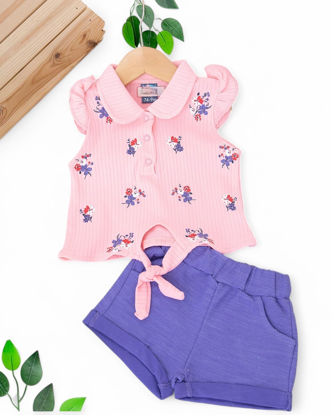 KIZ BEBEK YAZLIK ÇİÇEK BASKILI BLUZLU MÜSLİN ŞORTLU 6-9-12-18-24 AY KIZ BEBEK TAKIMI  R1698 - PEMBE