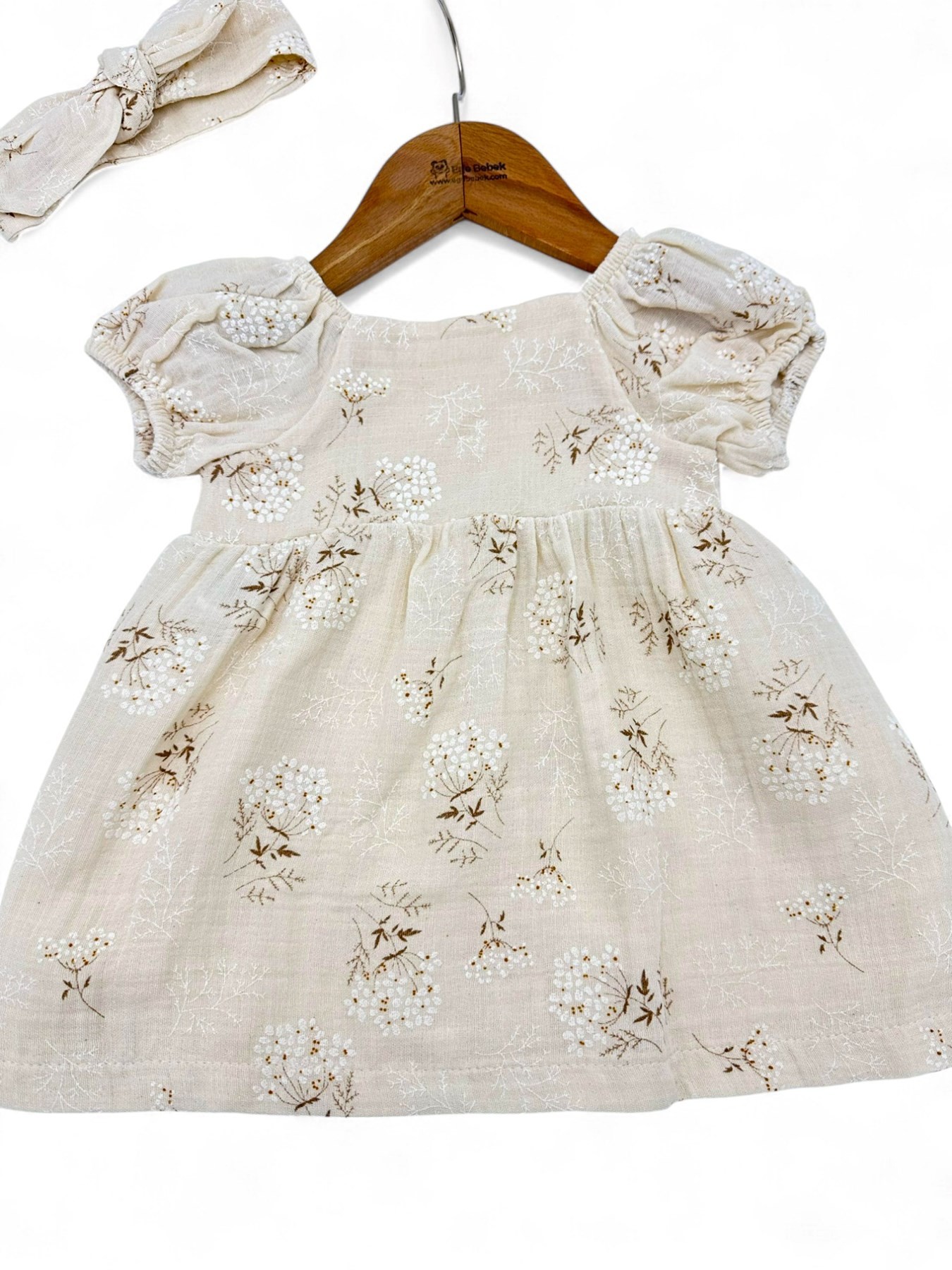 KIZ BEBEK YAZLIK 3-6-9-12-18 AY PUF ÇİÇEKLİ BANDANALI MÜSLİN SOFT ELBİSE R1827
