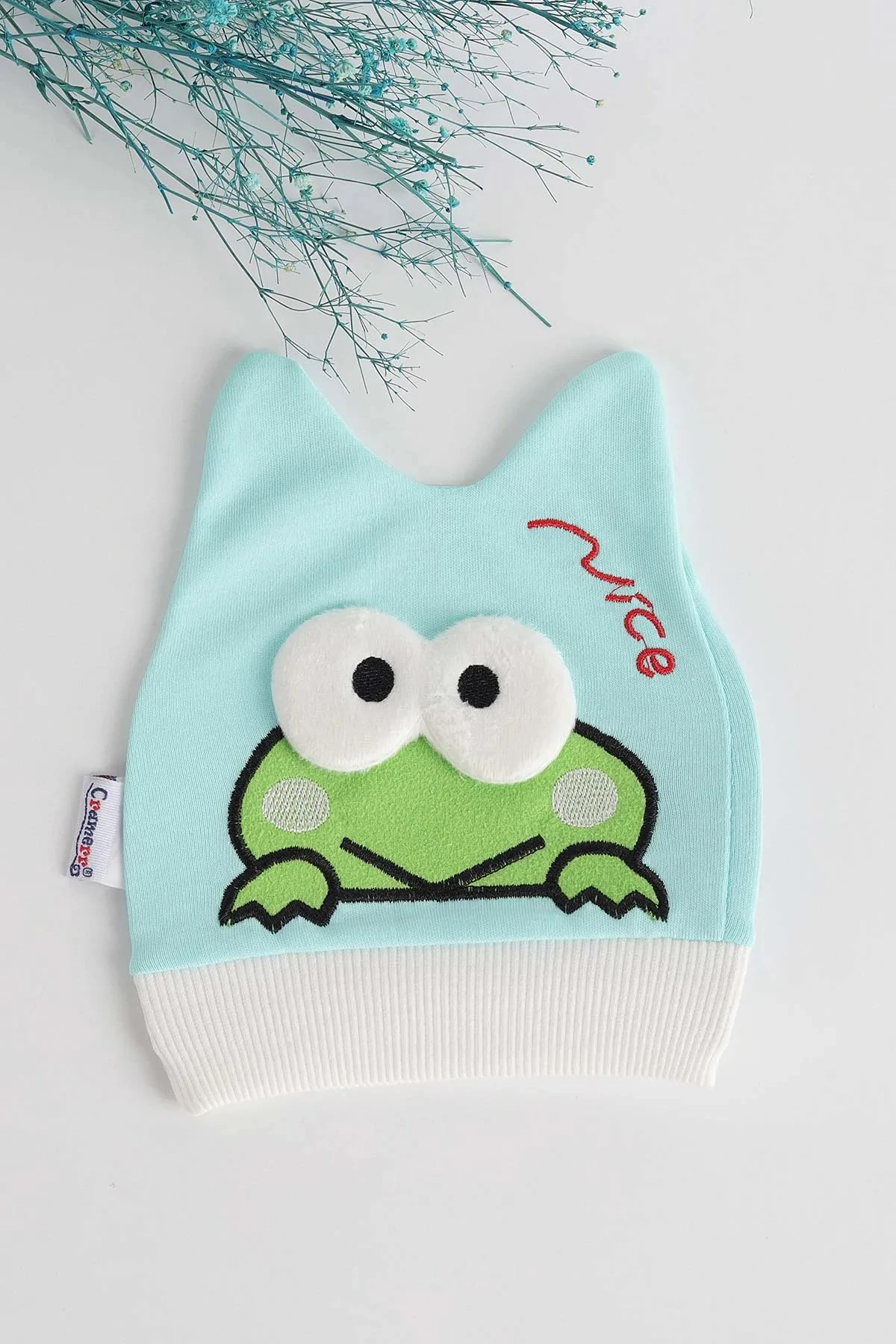 Kurbağa Nakışlı Yeni Doğan Penye Bebek Beresi BR39 - TURKUAZ