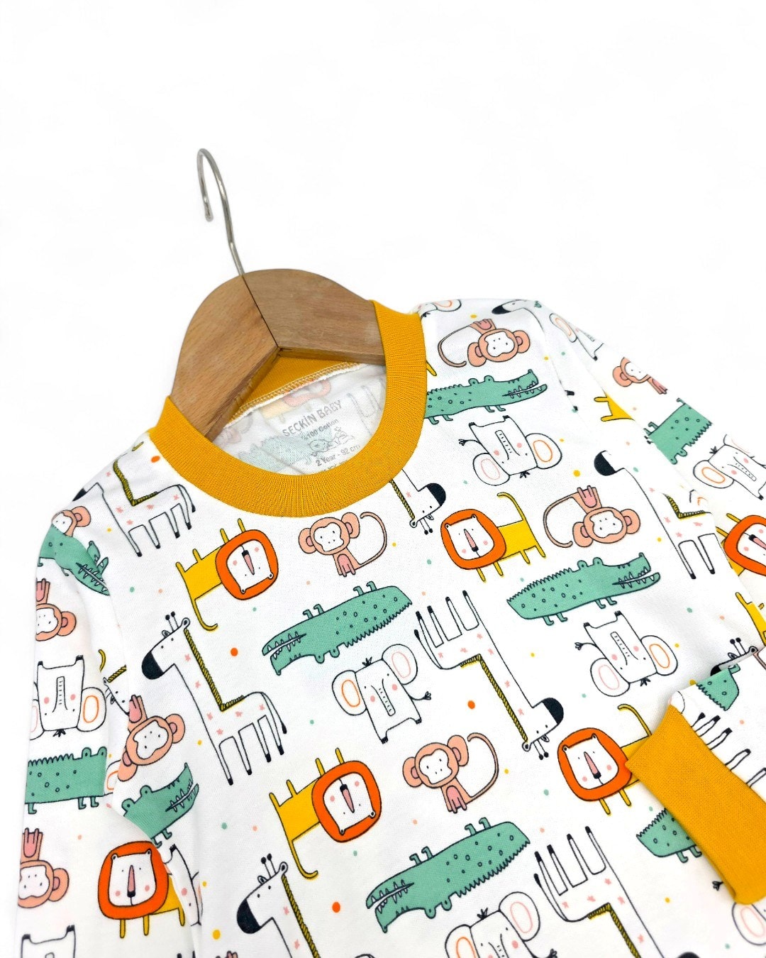 Erkek Bebek Hayvanlar Baskılı Mevsimlik %100 Pamuklu Bisiklet Yakalı Gecelik Pijama Takımı 0-6 Yaş R2253