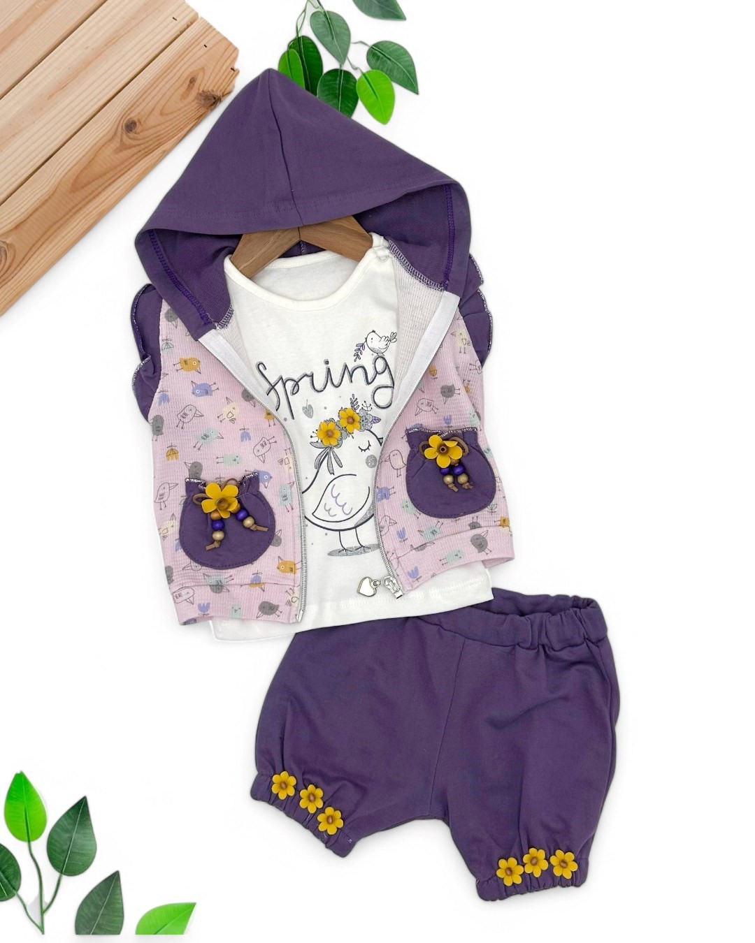KIZ BEBEK YAZLIK KAPÜŞONLU YELEKLİ T-SHIRTLÜ ŞORTLU 3'LÜ TAKIM R1769 - MOR