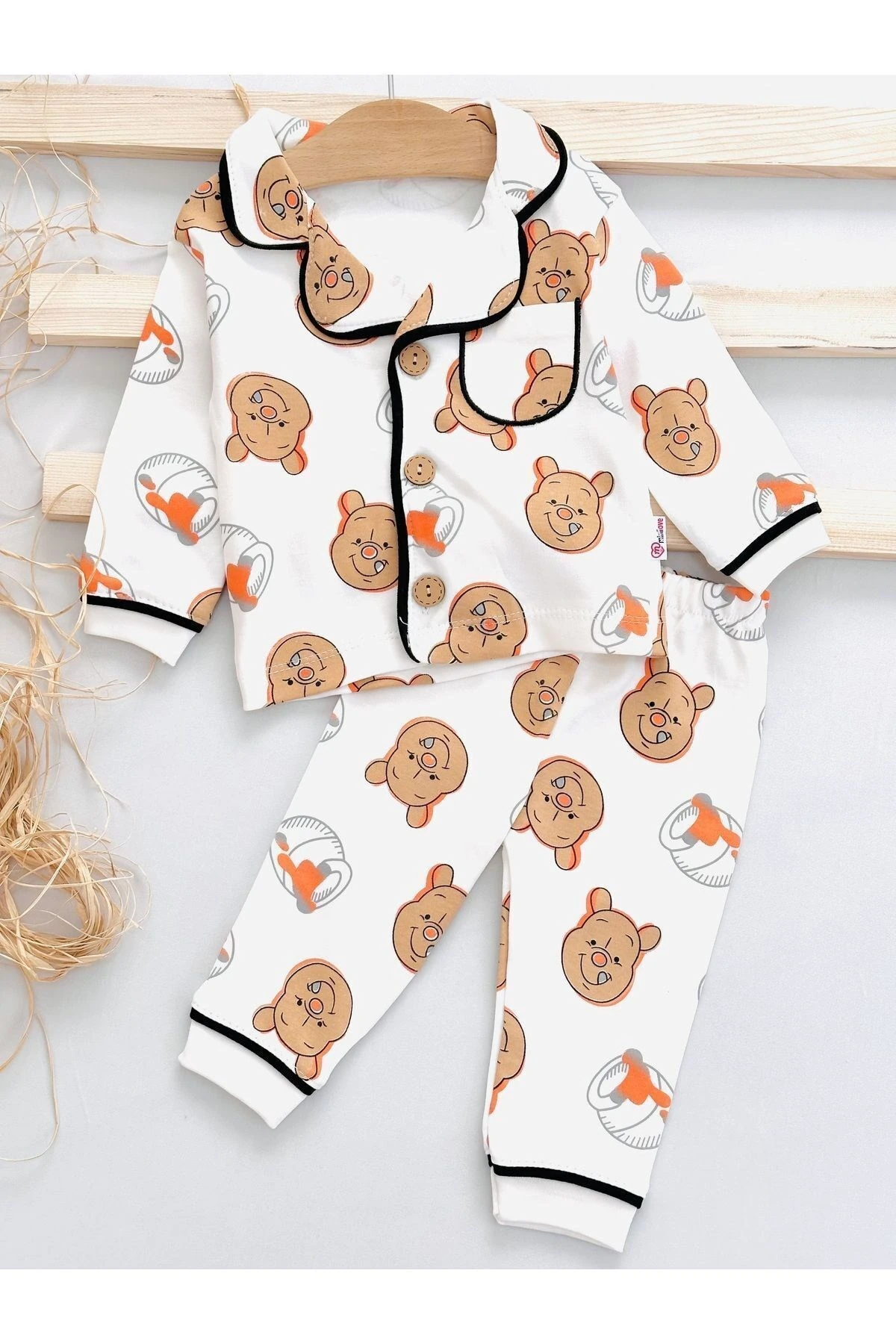 Kız ve Erkek Bebek Pooh Baskılı %100 Pamuklu Alt Üst Gecelik Takımı, 6-9-12-18-24 Ay Pijama Takımı R327