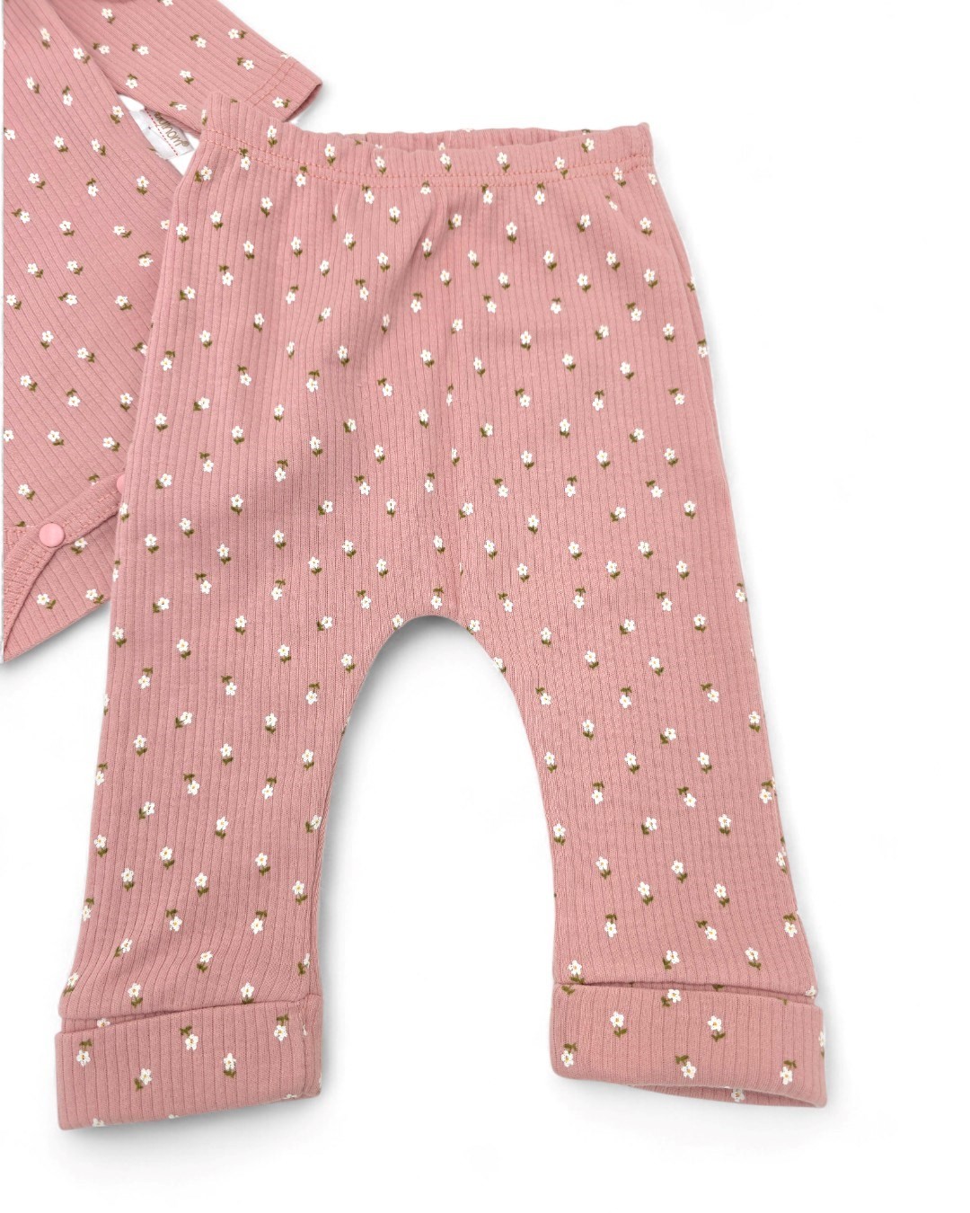 Kız Bebek Yenidoğan Çiçek Desenli Fitilli Çıtçıtlı Badi ve Altlı Natural Pamuk Bebek Takımı 0-9 Ay R2151