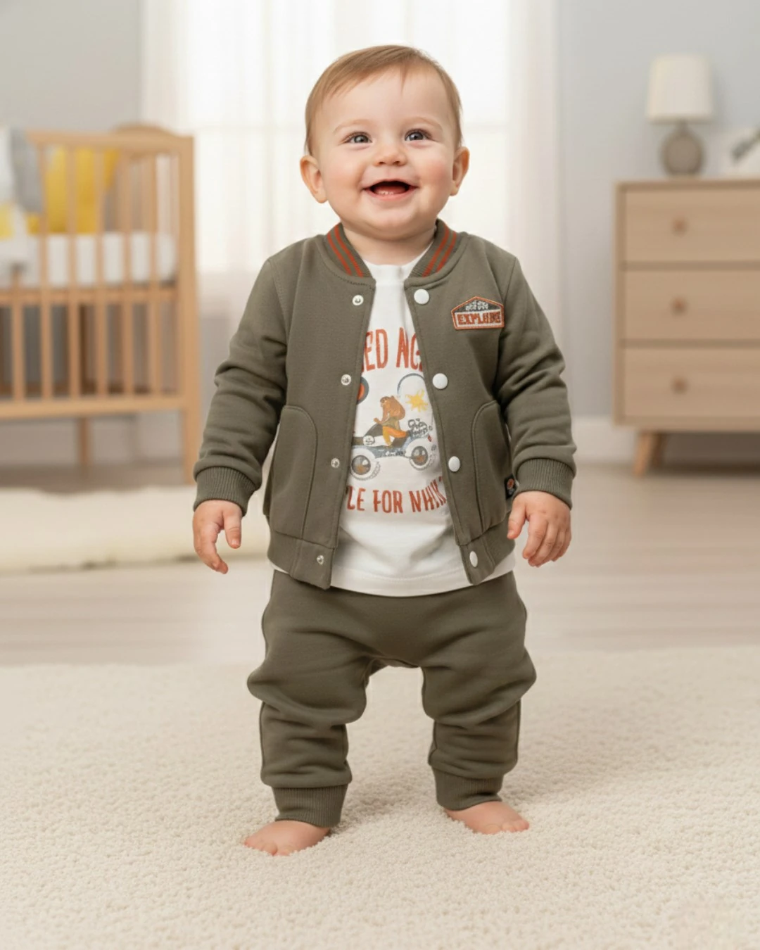 Erkek Bebek Mevsimlik Kolej Ceketli, 3'lü Alt Üst Şık Bebek Takımı l 6-9-12-18-24 Ay R2403 - HAKİ