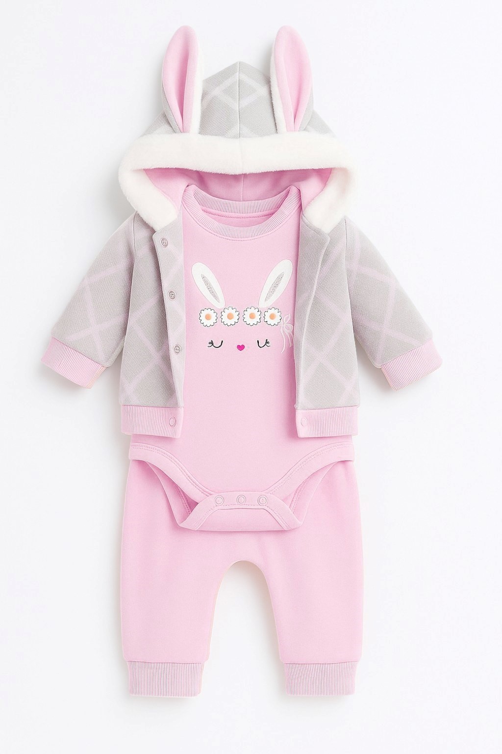 KIZ BEBEK KAPÜŞONLU TAVŞAN KULAKLI ÇİZGİLİ TAVŞAN BASKILI 3 PARÇA ZIBINLI ŞİRİN KIZ BEBEK TAKIM R335 - PEMBE
