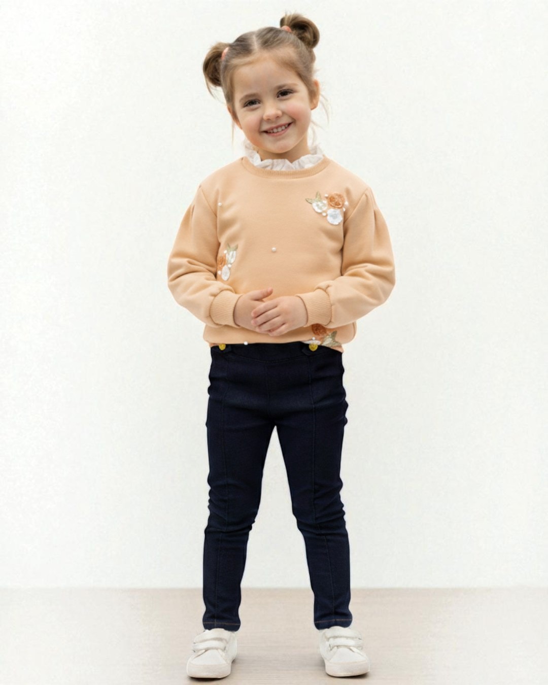 Kız Çocuk Çiçek Nakışlı Yaka Detaylı, Taytlı 2-10 Yaş Arası, Şık Alt Üst Takım R2329 - BEJ