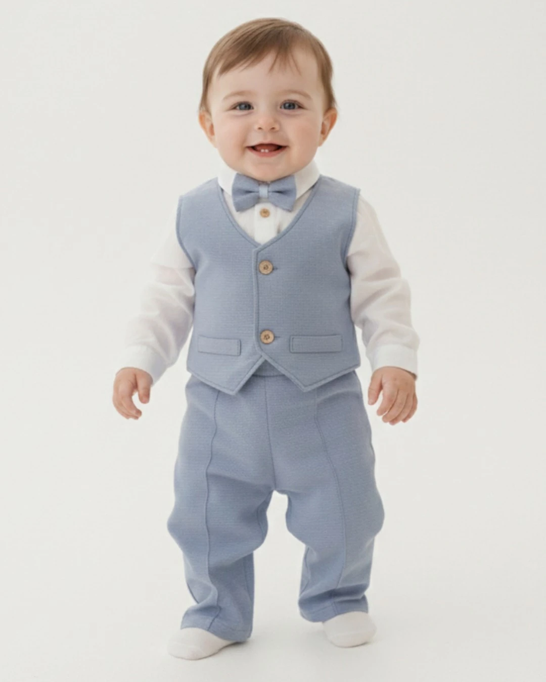 Erkek Bebek Papyonlu Cepken Yelekli Mevimlik 4'lü Şık Kombin, Düğün, Bayram Takımı 6-9-12-18-24 Ay R2385