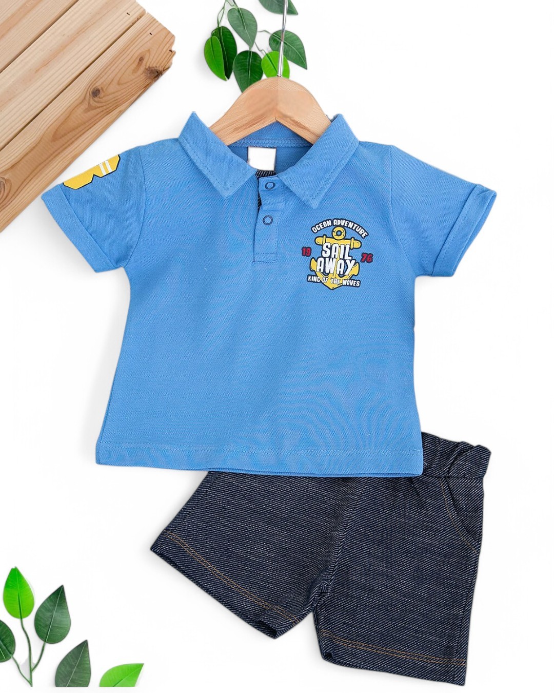 ERKEK BEBEK YAZLIK POLO YAKALI YUMUŞAK KOT ŞORTLU 6-9-12-18-24 AY BEBEK TAKIMI R1696 - MAVİ