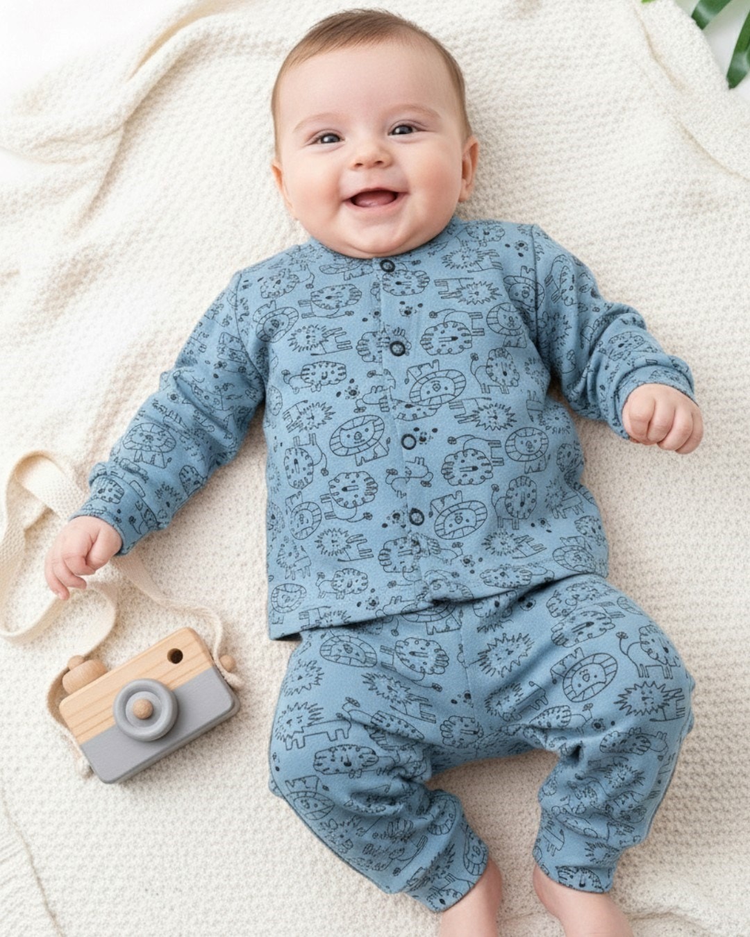 Bebek Aslan Baskılı Çıtçıtlı Gecelik Takımı 3-12 Ay %100 Pamuk,  Uzun Kollu Gecelik Takımı R1053 - MAVİ