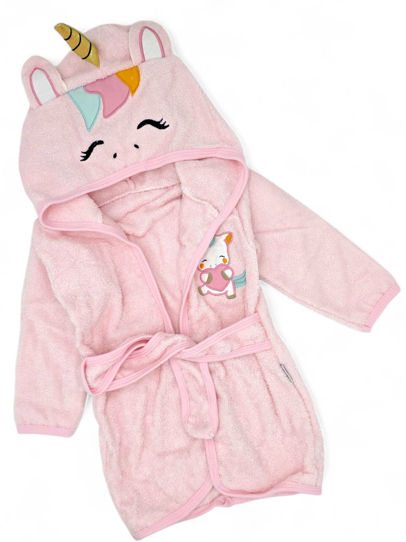 KIZ BEBEK 0-4 YAŞ PEMBE UNICORN DESENLİ HAVLU VE BORNOZ TAKIMI + KESE VE TERLİKLİ BANYO SETİ BN8