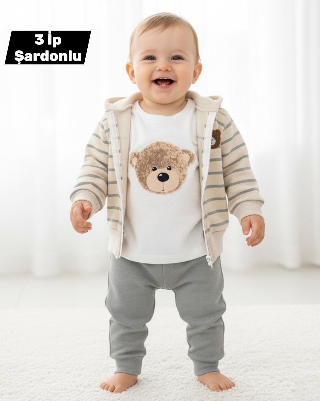 Erkek Bebek Çizgili Ayıcıklı , Kışlık 3 İp Şardonlu Ceket ve Altlı, İnce Badili, 6-24 Ay 3'lü R2299 - YEŞİL
