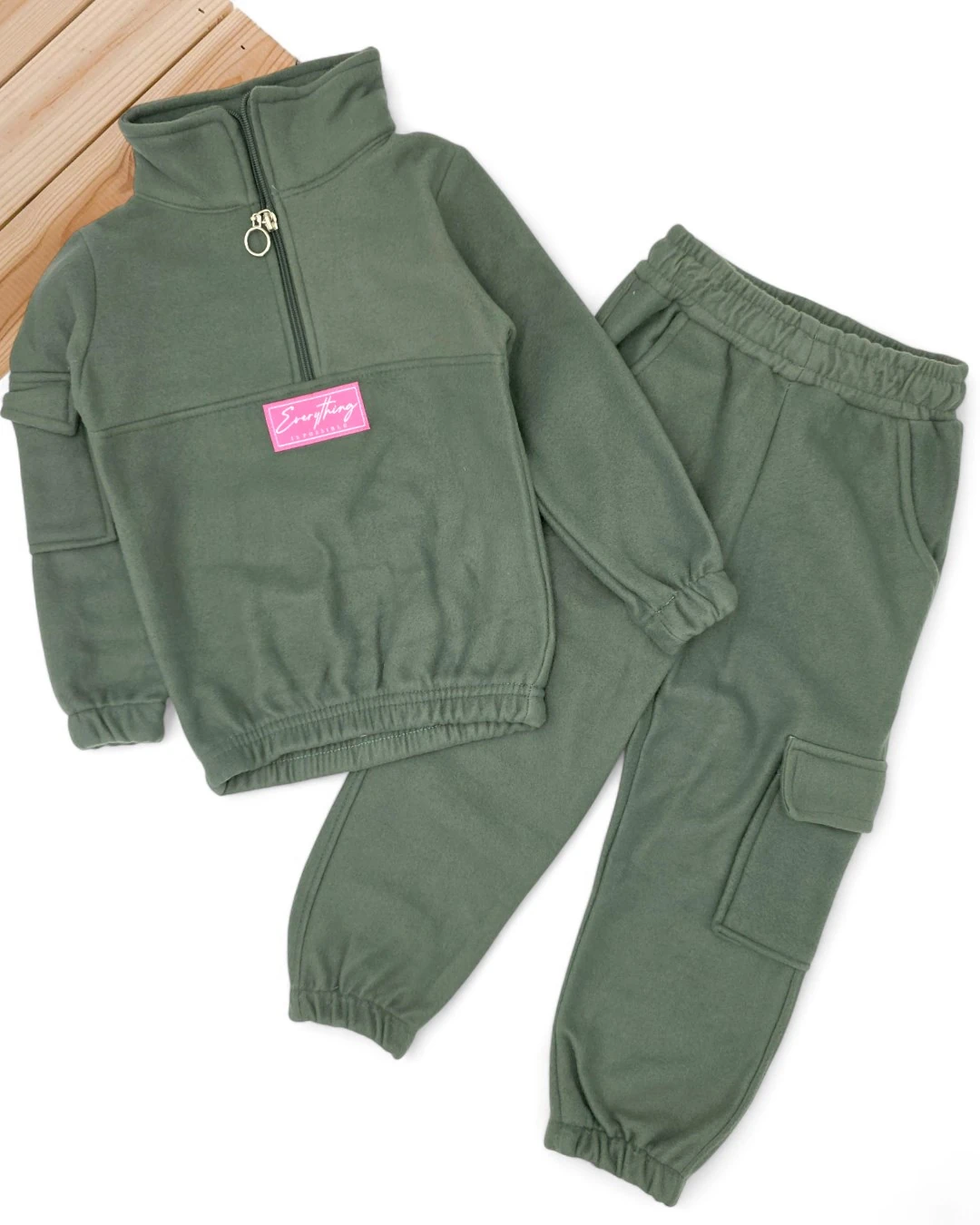 Kız Çocuk 2-3-4-5-6 Yaş Kargo Cepli Polar Eşofman Takımı / Kışlık Polar Takım R2288