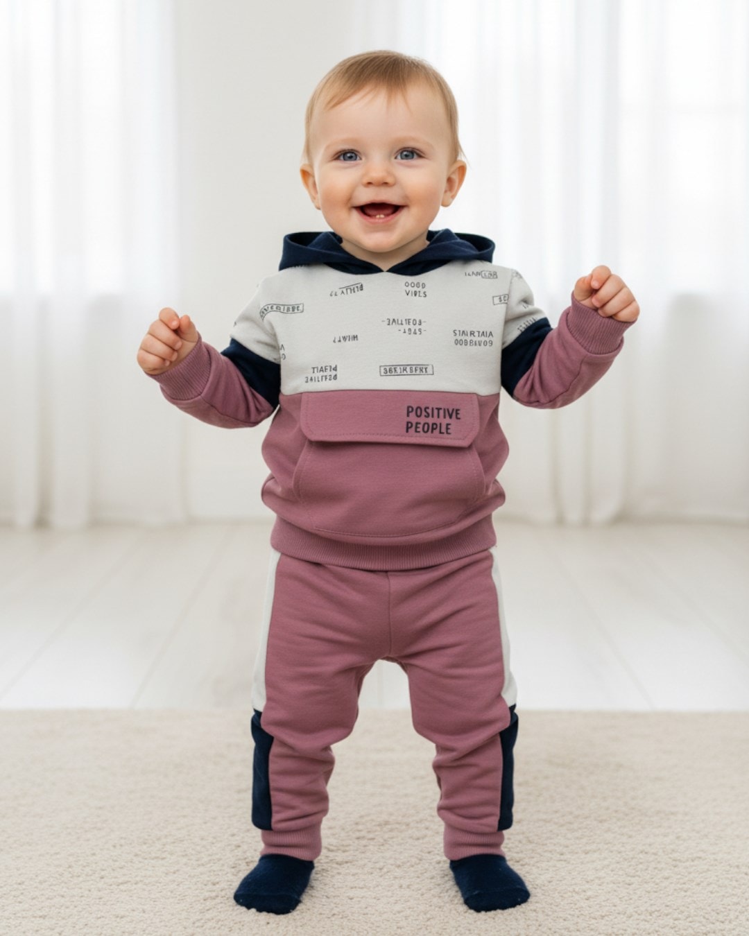 Erkek Bebek Kapüşonlu Kışlık 2 İp Şardonu Tarz Bebek Takımı 3-6-9-12-18-24 Ay R1394