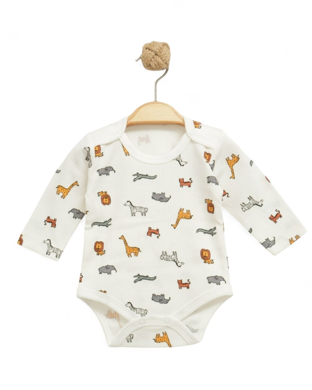 Erkek Bebek Uzun Kollu Hayvanlar Baskıl Fitilli I Bebek Çıtçıtlı Body, Zıbın, Atlet 0-3 Yaş BD15 - BEYAZ
