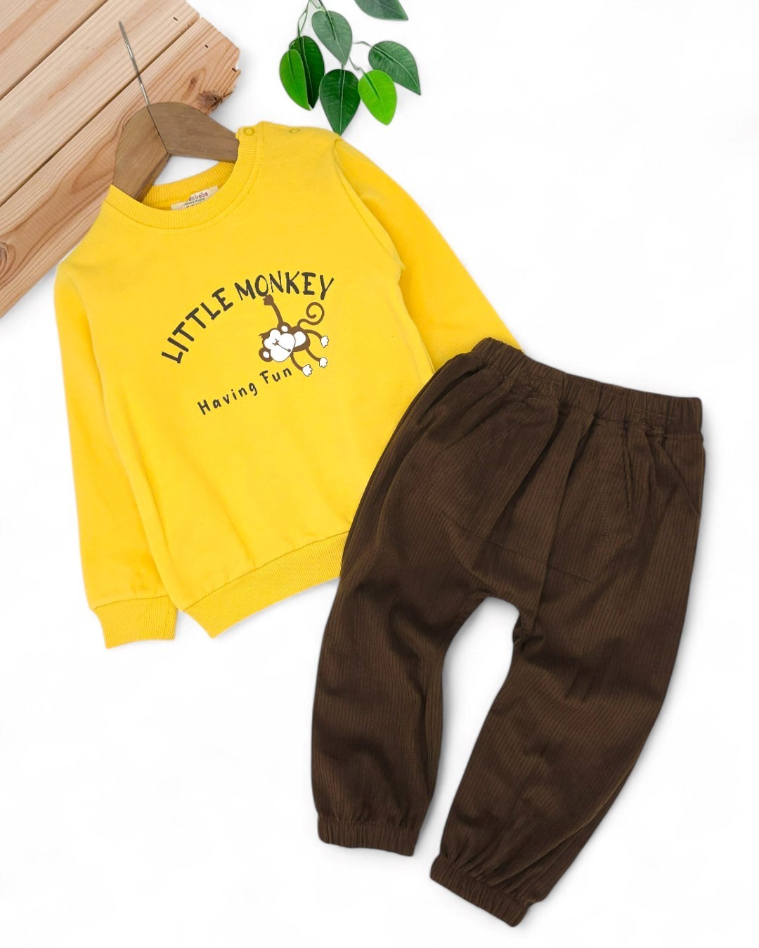 Erkek Bebek Kadife Pantalonlu, Hafif Şardonlu 2 İplik Sweathirt, 3-6-9-12-18-24 Ay 2'li Şık Takım R2135 - SARI